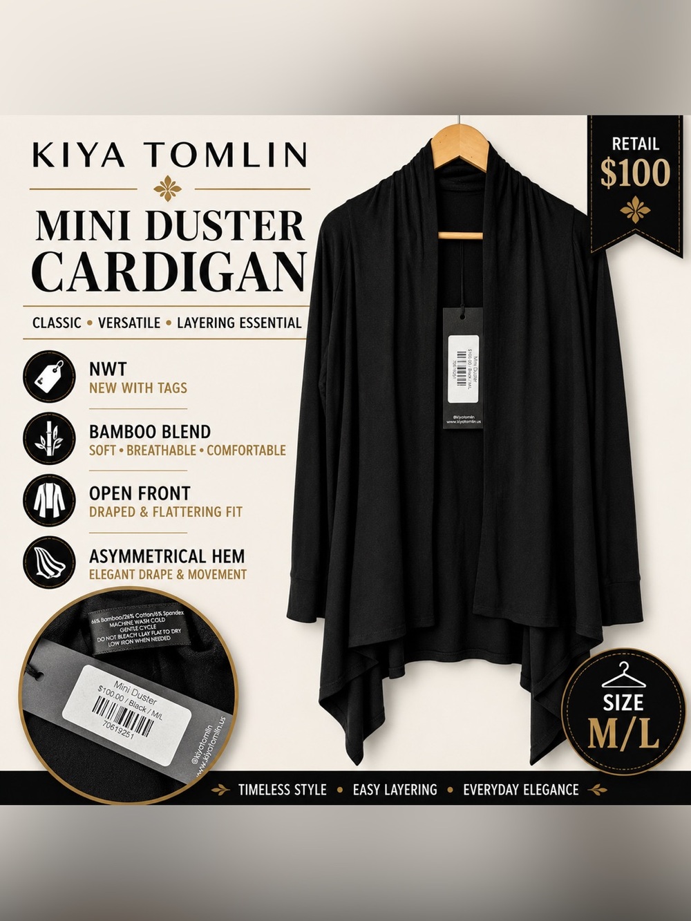 Kiya Tomlin 🖤💛Mini Duster Cardigan Black Bamboo Blend Open Front Size M/L